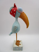 Summer folk art BIRD with red head "scarf" and huge beak
