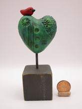 Valentine heart with bird on wood block green tones