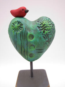 Valentine heart with bird on wood block green tones