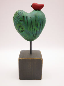 Valentine heart with bird on wood block green tones