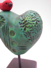 Valentine heart with bird on wood block green tones