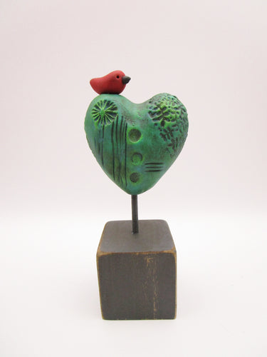 Valentine heart with bird on wood block green tones