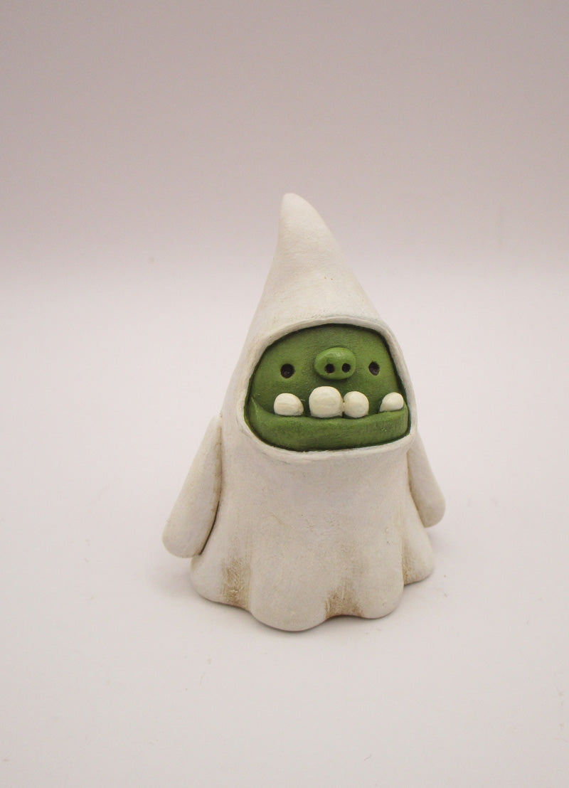 Halloween folk art green monster ghost with wacky teeth