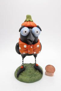 Halloween folk art pumpkin CROW with bow tie