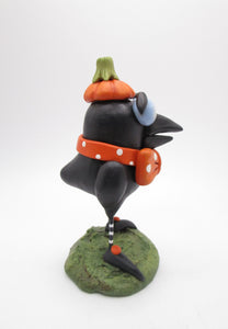 Halloween folk art pumpkin CROW with bow tie