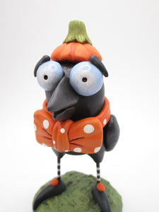 Halloween folk art pumpkin CROW with bow tie