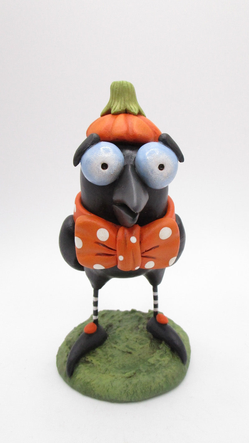 Halloween folk art pumpkin CROW with bow tie