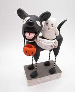 Halloween black dog with ghost tag along and pumpkin bucket