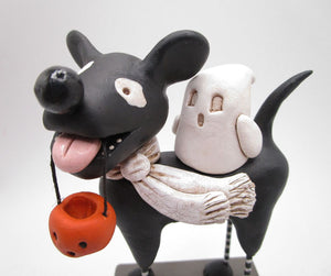 Halloween black dog with ghost tag along and pumpkin bucket