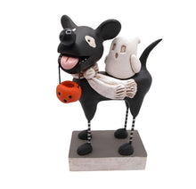 Halloween black dog with ghost tag along and pumpkin bucket