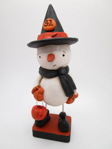 Halloween SNOWMAN wearing witch hat with jack o lantern bucket