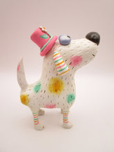 Summer folk art dog with pastel spots and silly floral hat