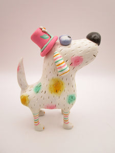 Summer folk art dog with pastel spots and silly floral hat