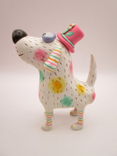 Summer folk art dog with pastel spots and silly floral hat