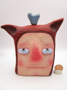 Man with fine crackle light teal heart on head misc love YUANFEN read