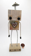 Wacky character 8 inch tall wood and metal robot with metal heart