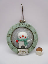 Snowman Christmas Ornament with Bells and lots of fine crackle - one of a kind