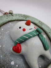 Snowman Christmas Ornament with Bells and lots of fine crackle - one of a kind