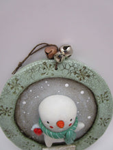 Snowman Christmas Ornament with Bells and lots of fine crackle - one of a kind
