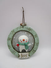 Snowman Christmas Ornament with Bells and lots of fine crackle - one of a kind