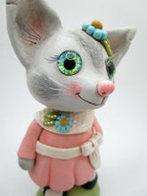 Big kitty cat vintage style in pink dress with glass eyes Valentines cutie!