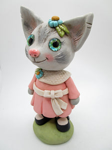 Big kitty cat vintage style in pink dress with glass eyes Valentines cutie!