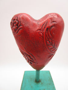 Large fine crackle red semi glossy heart mounted on wood base misc, spring or Valentine (Copy)