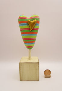 Large striped heart on wood stand with single gold painted heart misc, spring or Valentine