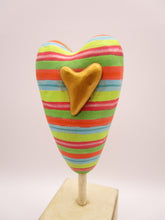 Large striped heart on wood stand with single gold painted heart misc, spring or Valentine