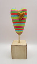 Large striped heart on wood stand with single gold painted heart misc, spring or Valentine