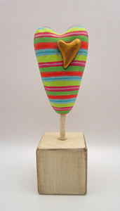 Large striped heart on wood stand with single gold painted heart misc, spring or Valentine