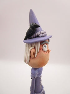 Halloween folk art cute witch with crow all in lavender tattered style dress