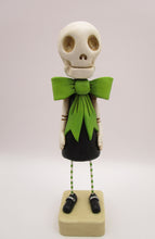 Halloween folk art Skeleton Skelly girl with bright lime bow dress