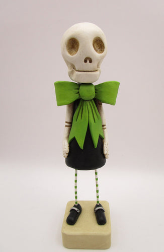 Halloween folk art Skeleton Skelly girl with bright lime bow dress