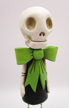 Halloween folk art Skeleton Skelly girl with bright lime bow dress