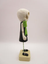 Halloween folk art Skeleton Skelly girl with bright lime bow dress