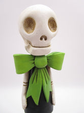 Halloween folk art Skeleton Skelly girl with bright lime bow dress