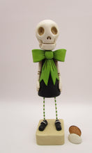 Halloween folk art Skeleton Skelly girl with bright lime bow dress