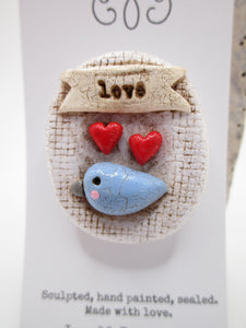 Pin - brooch with 2 red hearts LOVE with blue bird ready to wear think Valentines? misc