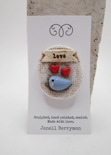 Pin - brooch with 2 red hearts LOVE with blue bird ready to wear think Valentines? misc