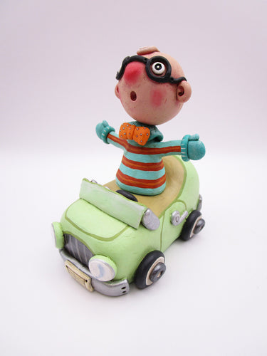 Wacky character man with glasses in car