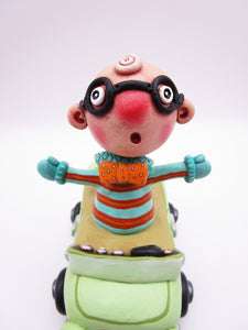 Wacky character man with glasses in car