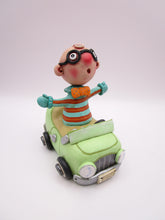 Wacky character man with glasses in car