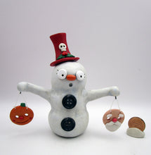 Christmas + Halloween folk art snowman with two masks