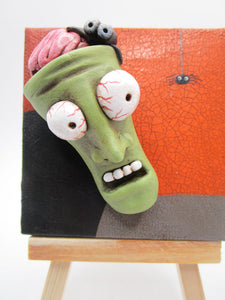 Halloween small 3x3 canvas mixed media GHOUL monster with brains painting