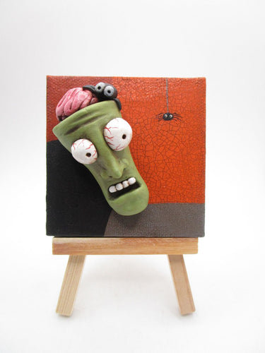 Halloween small 3x3 canvas mixed media GHOUL monster with brains painting