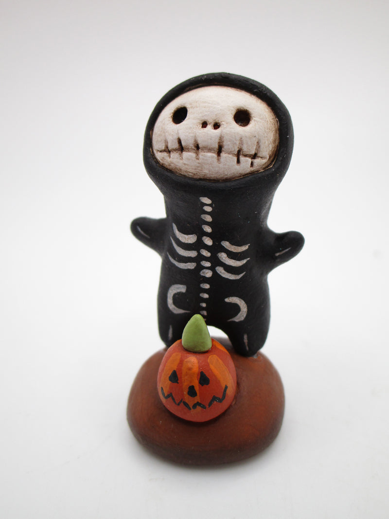 Halloween MINIATURE Skeleton figure wearing a black bone suit
