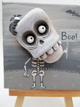 Halloween 3x3 painting mixed media skeleton man BOO with bats