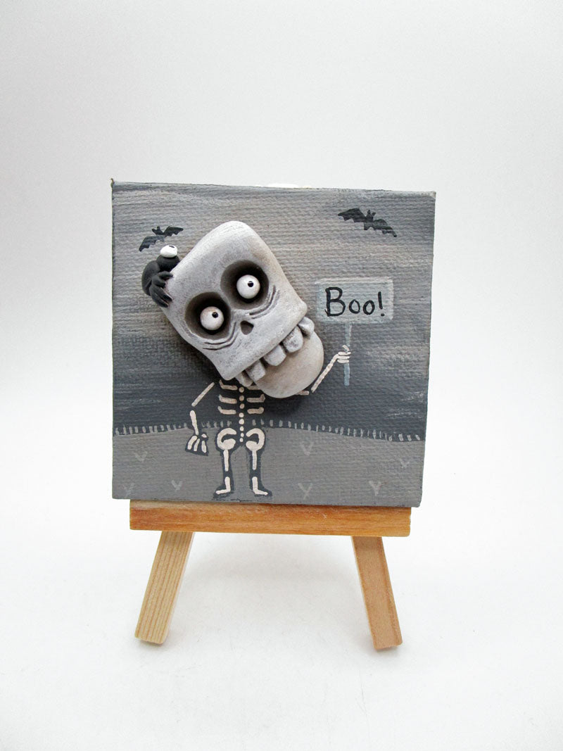 Halloween 3x3 painting mixed media skeleton man BOO with bats