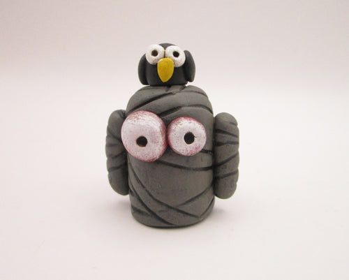 Halloween folk art small mummy man with owl on his head